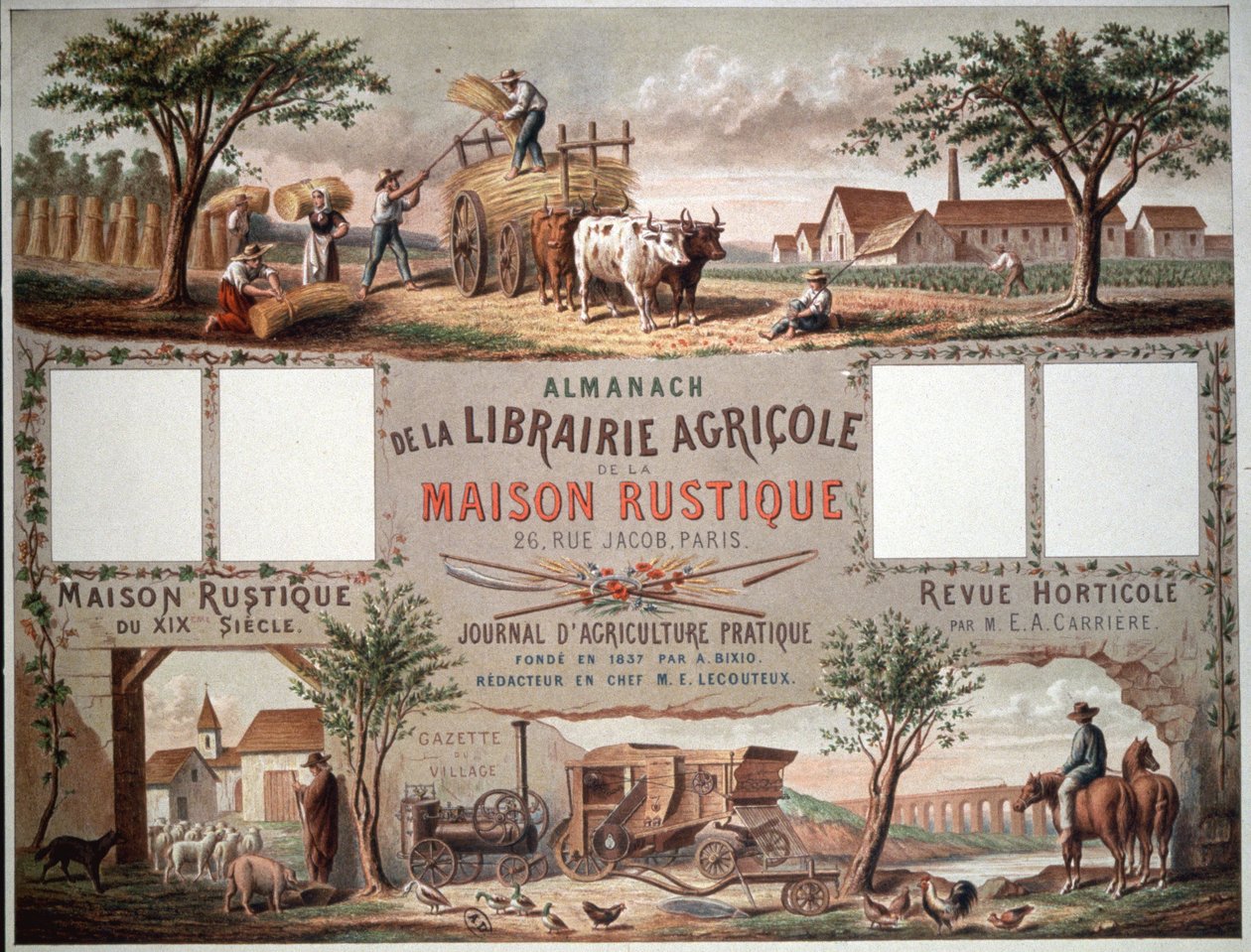 Almanaque ilustrando métodos tradicionais e modernos de agricultura. c.1870-80 (litografia a cores) de Unbekannter Künstler