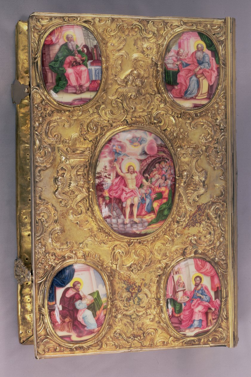 Altar Evangelho de prata trabalhada elaboradamente com medalhões de esmalte, o central representando a Ressurreição, com quatro medalhões de canto representando os quatro Evangelistas, por Pyotr Afinogenov, Moscou de Unbekannt