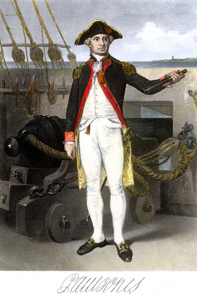 Marinha americana: John Paul Jones (1747-1791) marinheiro e herói da Guerra da Independência dos Estados Unidos da América. Gravura a cores com assinatura. de Unbekannter Künstler