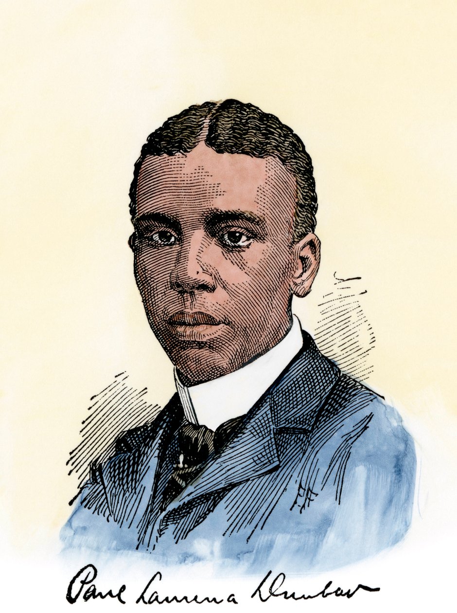 Poeta americano Paul Lawrence Dunbar (1872-1906), com o seu autógrafo. Xilogravura colorida à mão de uma ilustração do século XIX de Unbekannter Künstler