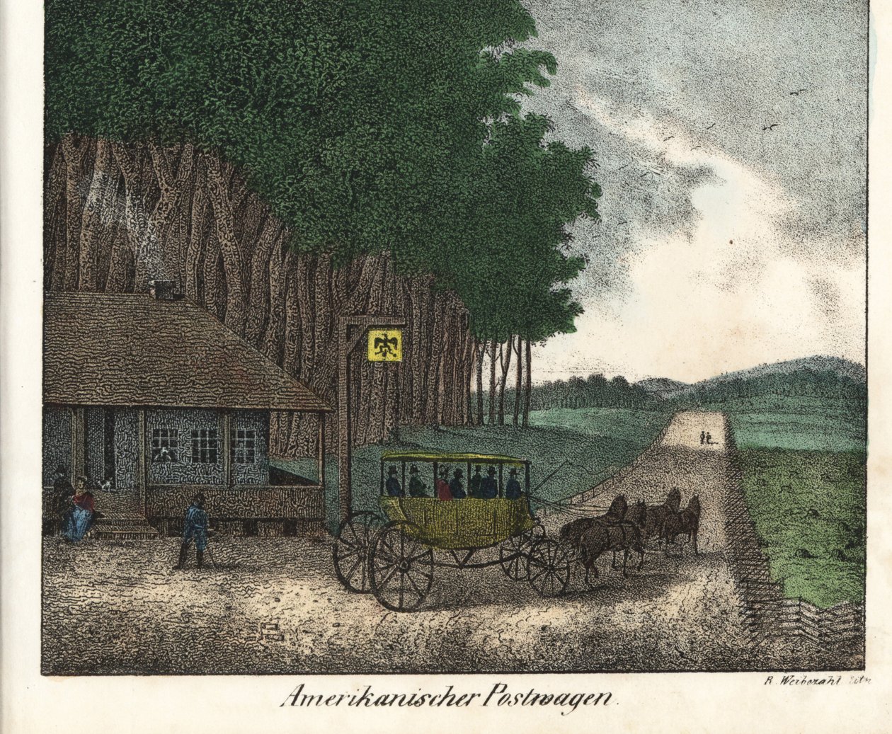 Uma estação de correios americana e uma diligência. Litografia para o livro: "Galerie complete en tableaux fideles des peuples d