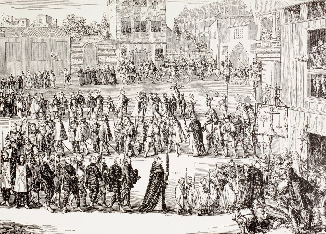 Um Auto-da-fe, ou Acto de Fé, procissão em Espanha, depois de uma gravura do século XV, de "Military and Religious Life in the Middle Ages" de Paul Lacroix, publicado em Londres por volta de 1880. de Unknown