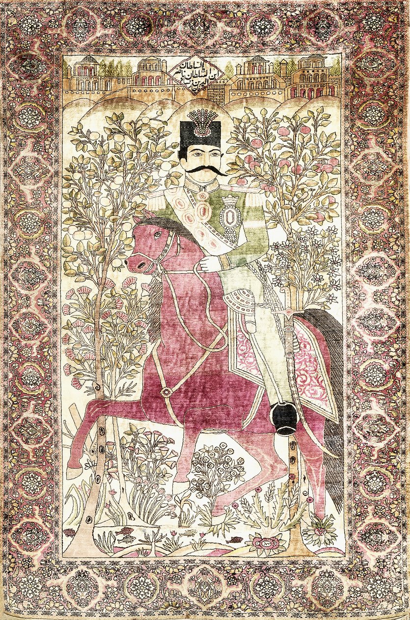 Um antigo tapete de seda Kashan "mochtasham", representando a figura montada de Naser al-Din Shah de Unbekannt