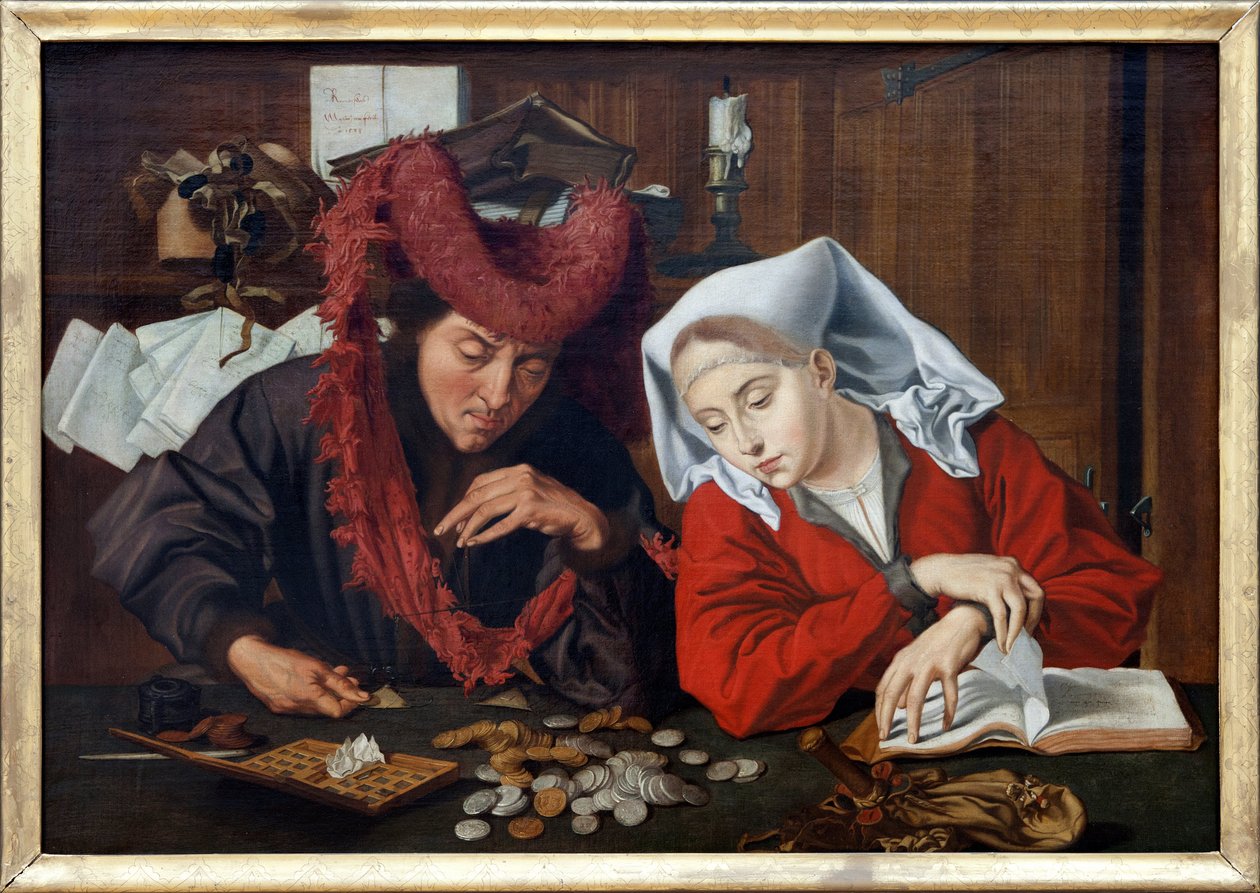Um echevin e sua esposa, uma cena alegórica moralizante da vida cotidiana ou sob uma vela, o apelo das moedas de ouro na balança, descobre a atenção das ocupações espirituais, pintura a óleo sobre tela, oficina de Marinus Claeszoon van Reymerswaele (1 de Unbekannt