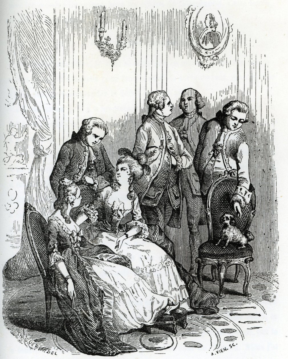 Um serão no castelo de Vaux-le-Vicomte na época do rei Luís XV (1710-1774). Século XIX (gravura de "Mysteres des vieux chateaux de France" de Le Francois) de Unbekannter Künstler