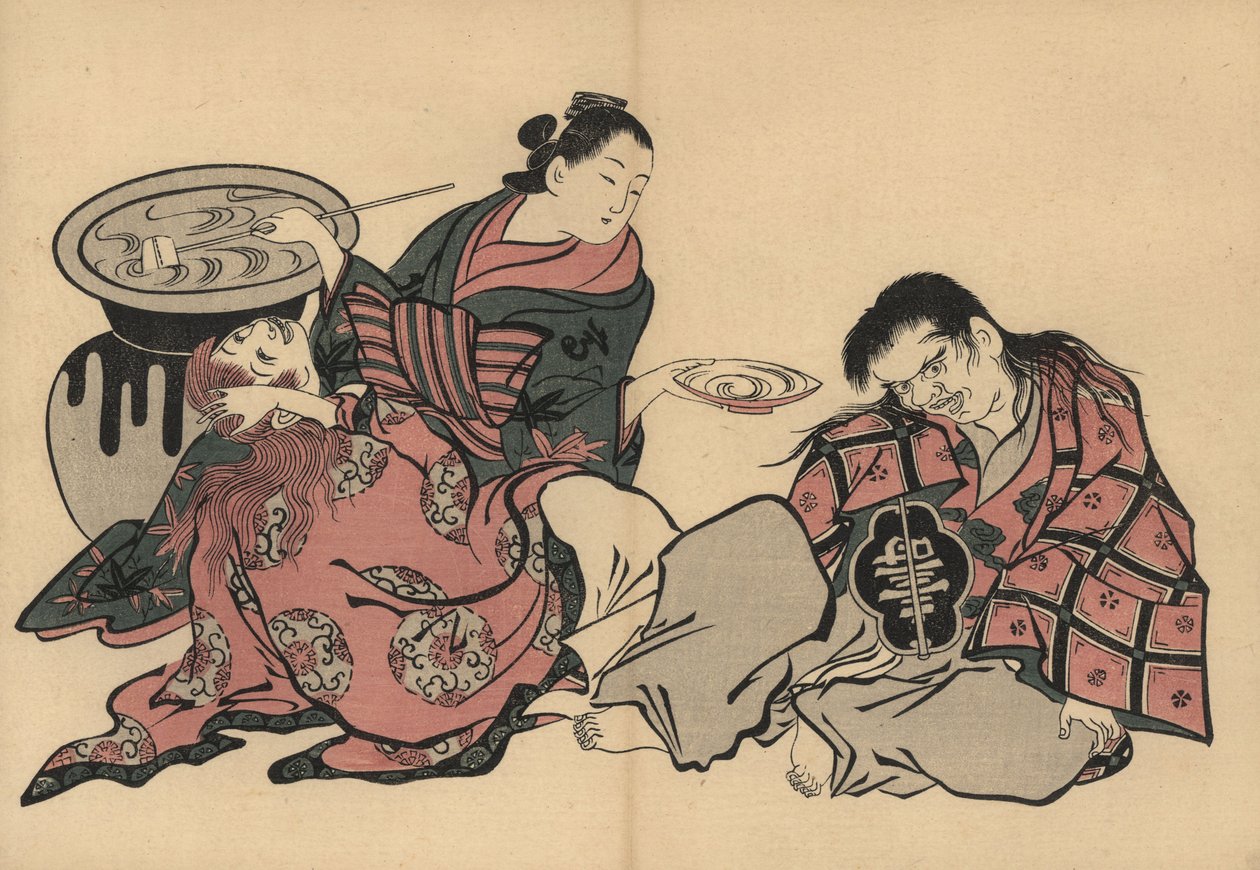 Uma cortesã oiran a jogar saqué a dois shojo a partir de um vaso enorme. Gravura em xilogravura de Masanobu Okumura (1686-1764) de Fuzoku Emakimono, Picture Scroll of the Water Trade, Tóquio, reimpressão de cerca de 1880. de Unbekannter Künstler