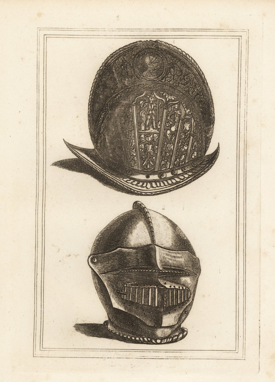 Antigo capacete da moral veneziana ornamentado com troféus militares, e um capacete de burgonete com viseira unificada e bebida da Torre de Londres de Unbekannt