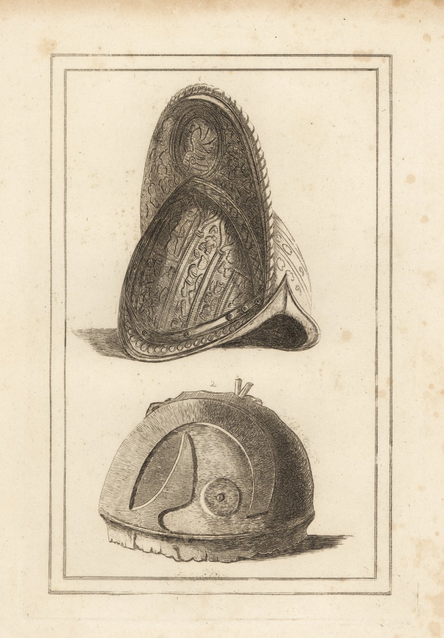 Antigo capacete da moral veneziana ornamentado com troféus militares, e um antigo capacete romano encontrado em Cannae. de Unbekannt