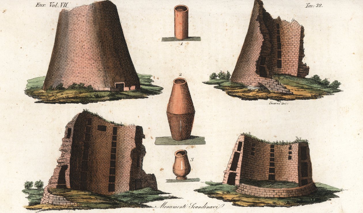 Antigos monumentos vikings de uma província alemã próxima da Escandinávia e algumas urnas retiradas de túmulos dinamarqueses e suecos. Gravura em chapa de cobre colorida à mão, de Giarre e Stanghi, de Trajes Antigos e Modernos dos Povos do Mundo, de Giulio de Unbekannter Künstler