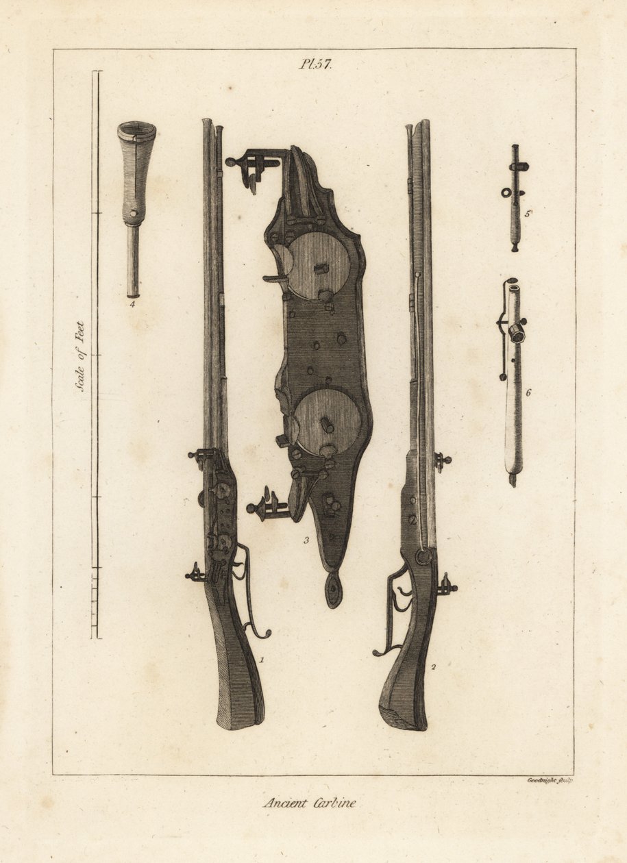 Carabina antiga com duas cargas no mesmo cano disparadas por dois bandos 1,2, bandos 3, ramrod 4, e chaves de fendas 5,6 de Unbekannt