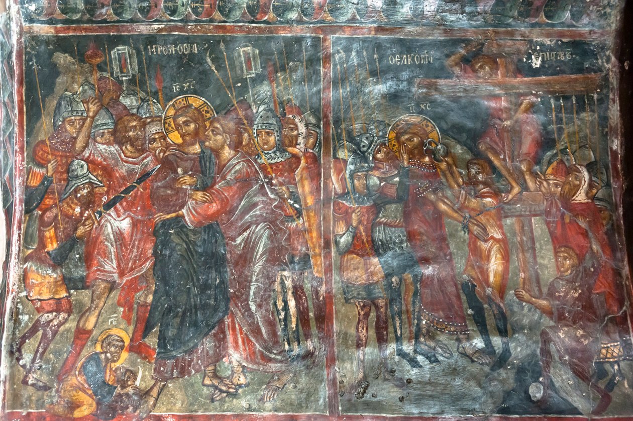 Afrescos antigos; pinturas murais; beijo de Judas; Crucificação de Jesus; Igreja Panagia e Sotiras; Igreja Ortodoxa Grega; Roustika; Creta; Grécia; Europa de Unbekannt