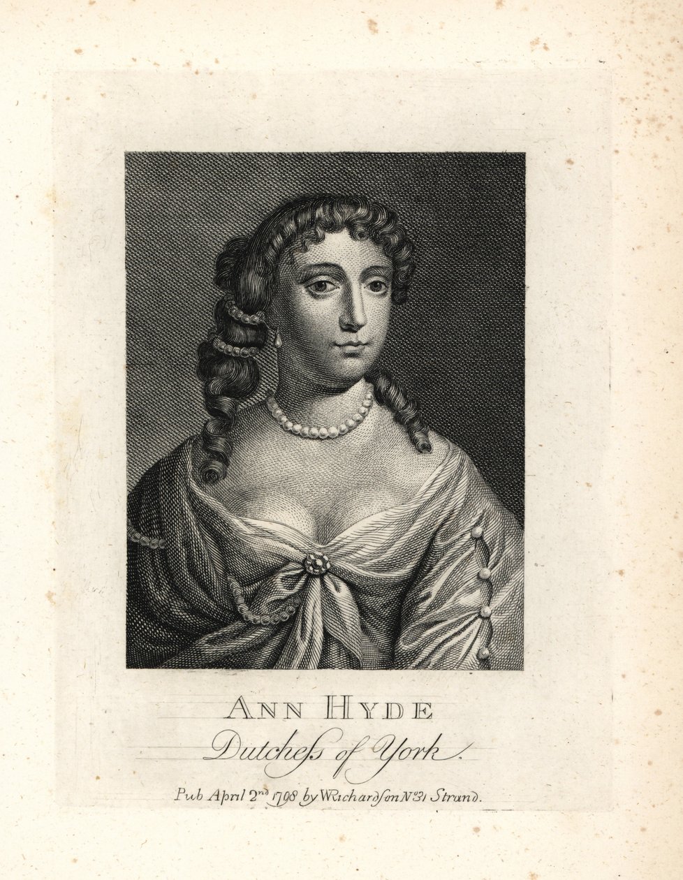 Anne Hyde (1637-1671), duquesa de York e de Albany, primeira esposa do rei Jaime II de Inglaterra. Gravura em talhe-doce a partir de um retrato de Sir Peter Lely da obra Portraits Illustrating Granger
