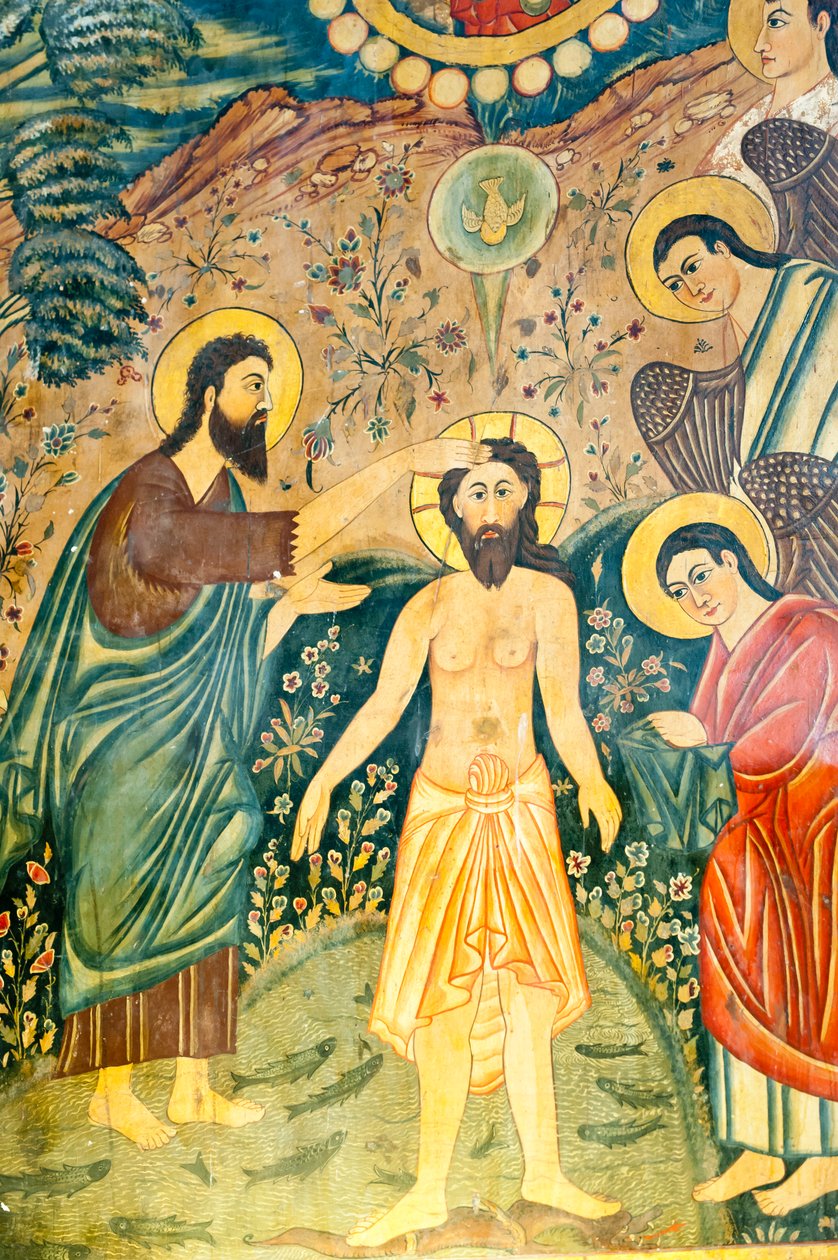Igreja Apostólica Armênia; Mural; Batismo de Jesus Cristo por João Batista no Jordão; Igreja de Belém ou Igreja Bedkhem; distrito de Julfa ou Jolfa; Isfahan; Irã; Ásia de Unbekannt