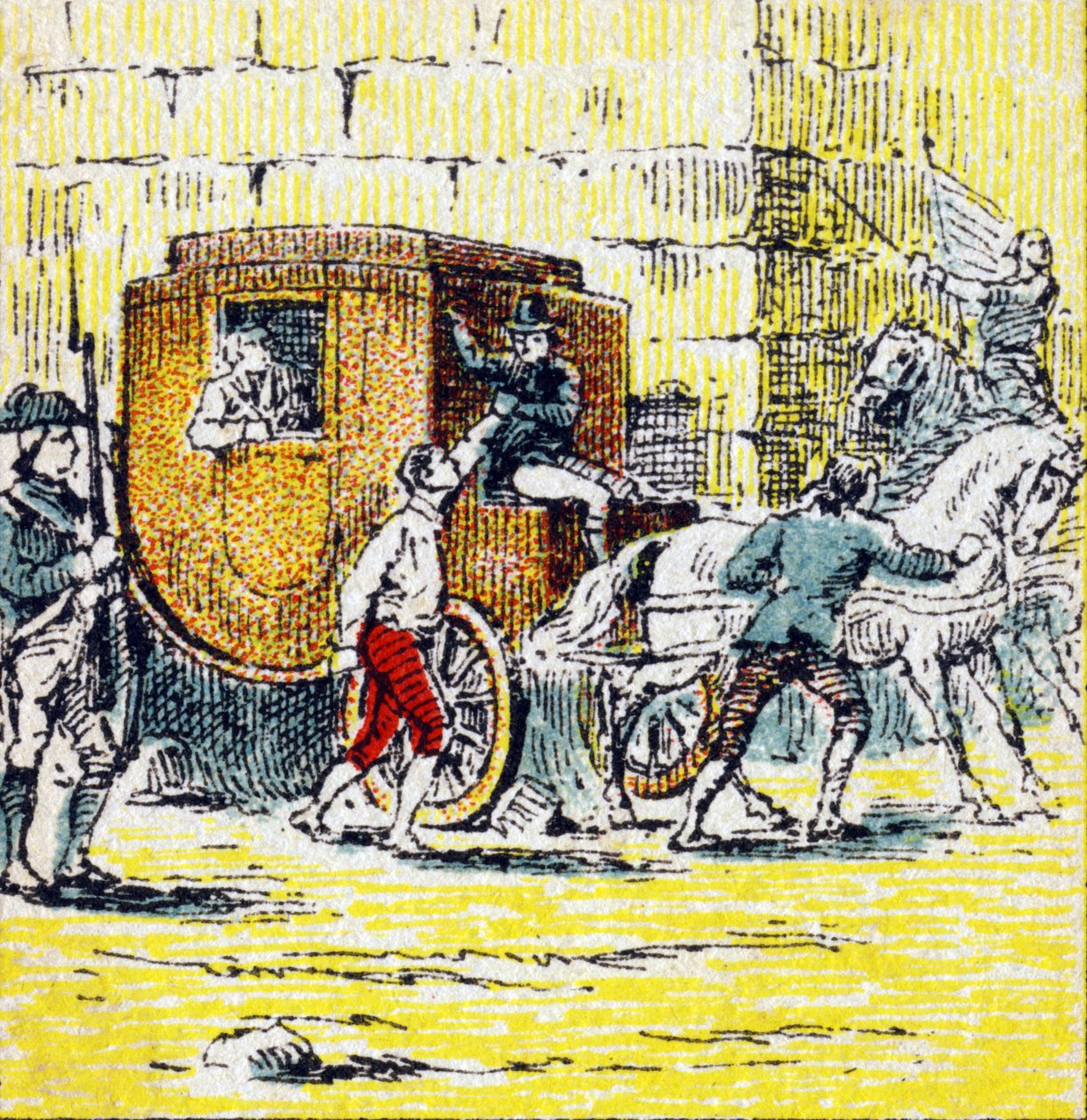 Prisão de Luís XVI e da sua família em fuga em Varennes a 21 de Junho de 1791. Gravura no "Histoire de France". Série de imagens publicitárias publicadas em nome de Louit, 24 rue d