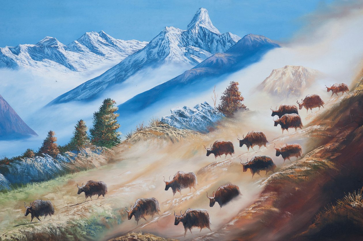 Arte; pintura de um rebanho de iaques abaixo da montanha Ama Dablam; vida campestre; galeria em Katmandu; Nepal; Ásia de Unbekannt