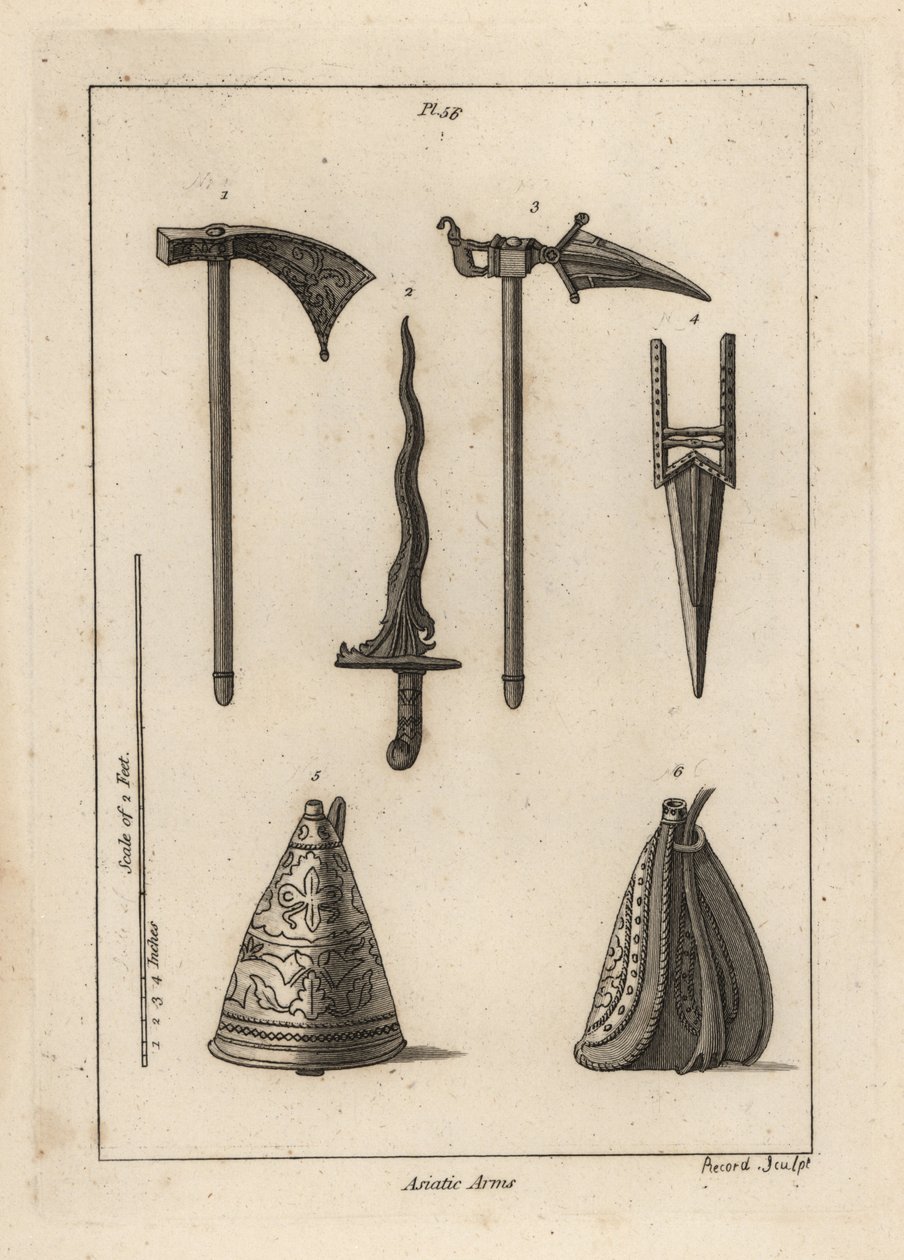 Armas asiáticas: machado de batalha 1, punhal 2, machado de batalha Rohilla 3, crista indiana ou kris 3, e frasco de pólvora oriental 5,6 de Unbekannt
