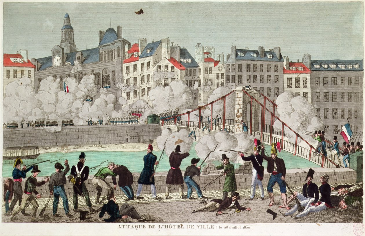 Ataque da Câmara Municipal de Paris e a batalha da ponte de Arcola, 28 de Julho de 1830 (gravura) de Unbekannter Künstler