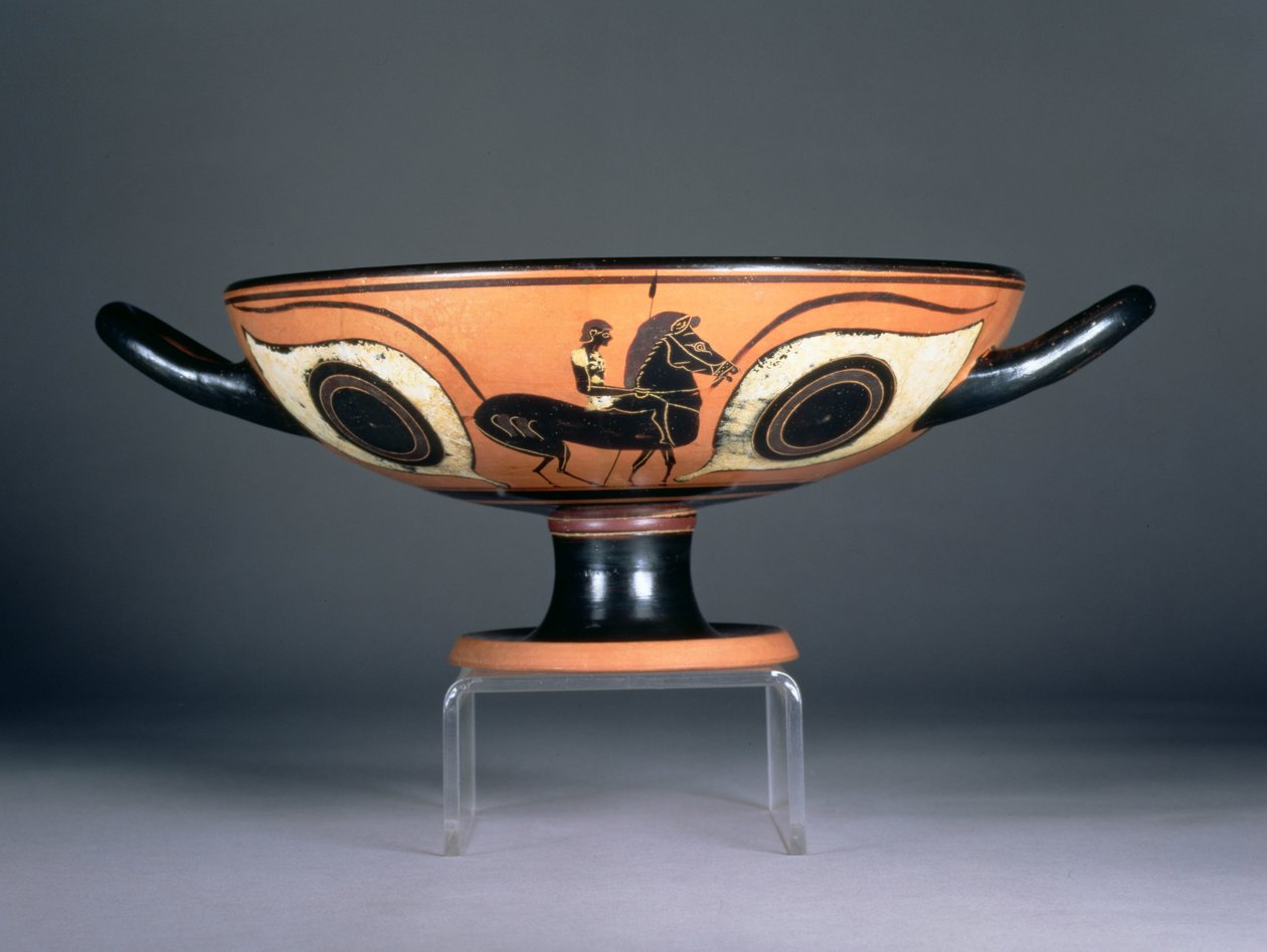 Taça de sótão com algarismos pretos, com decoração vermelha e branca, representando um cavalo e um cavaleiro, 480-450 AC (olaria) de Unbekannt