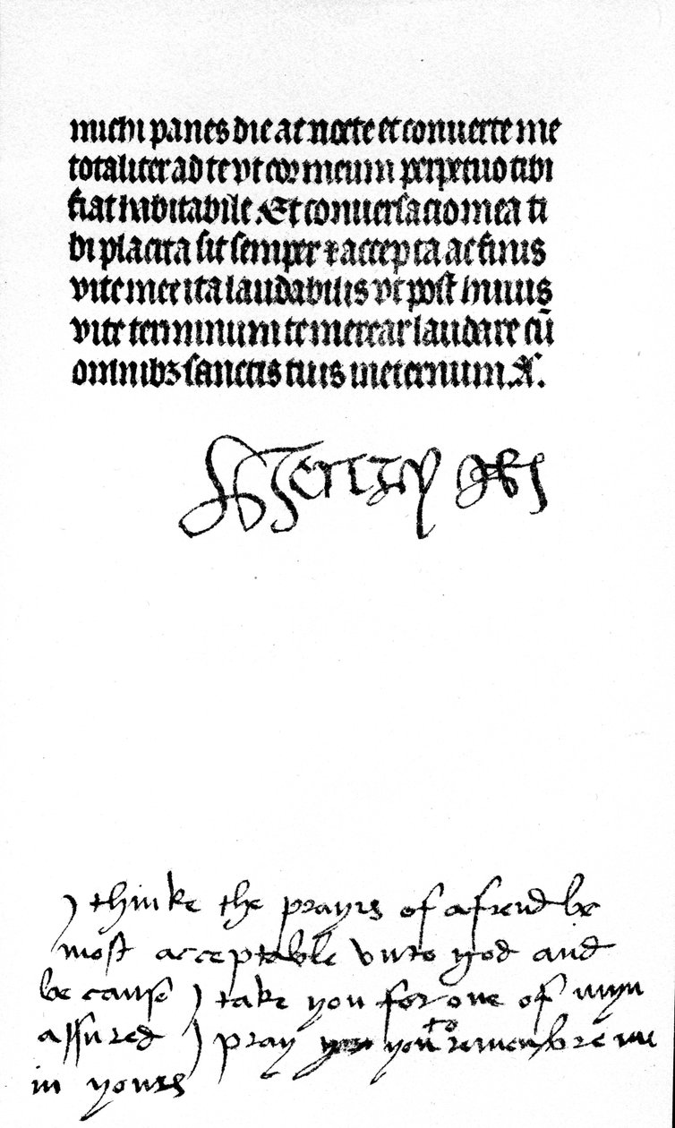 Assinatura de autógrafo do rei Henrique VIII e inscrição na mão da sua esposa, a rainha Catarina de Aragão (caneta e tinta em velino) (ver também 441029) de Unbekannt