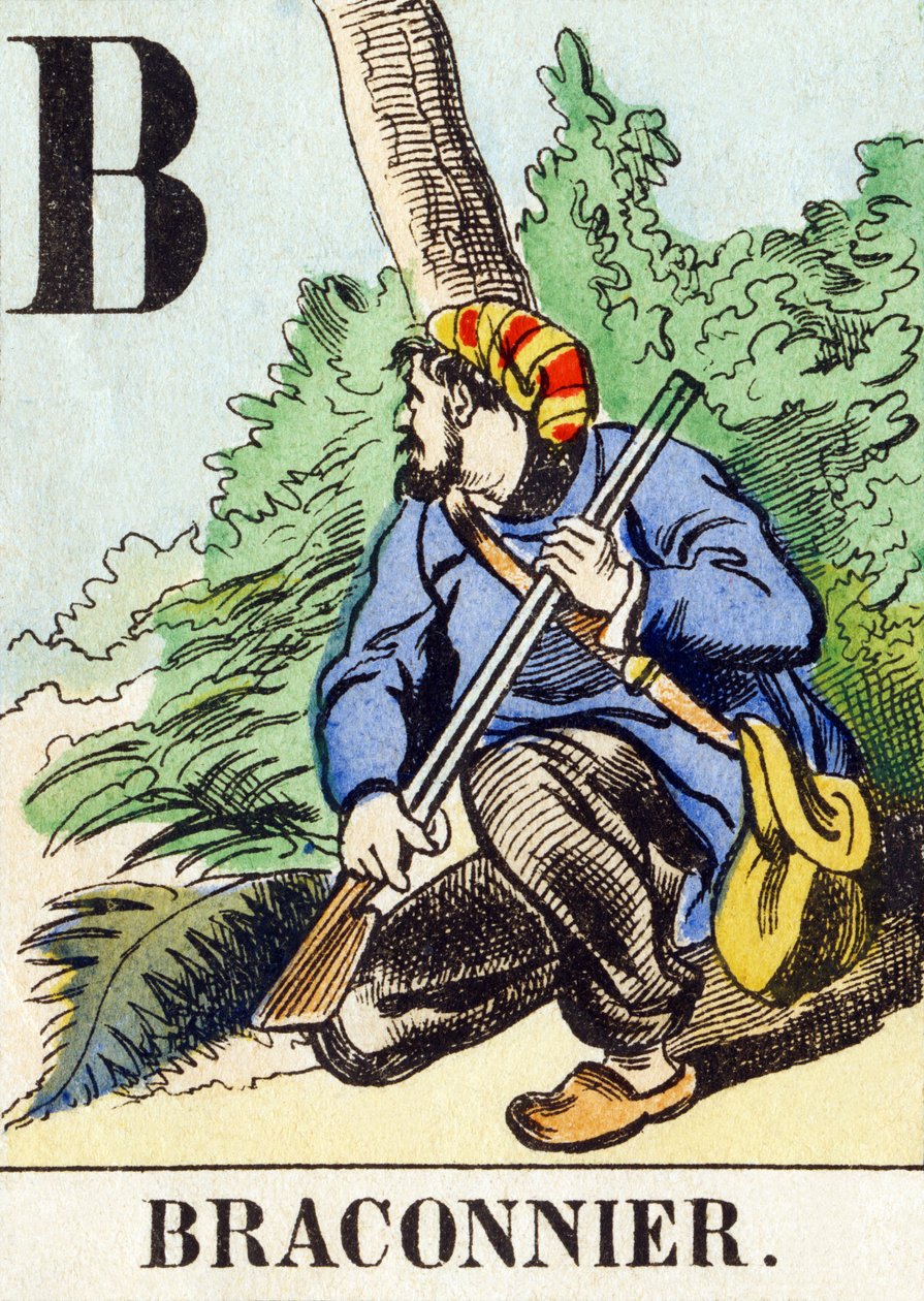 B : Braconnier - O Alfabeto de Caça, c.1890 (gravura) de Unbekannt