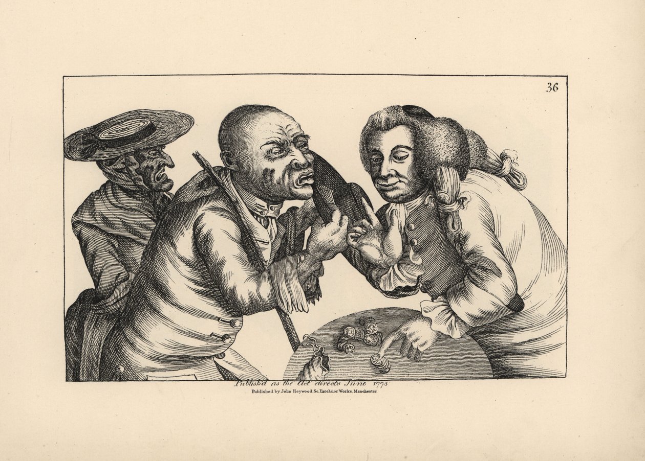 Toby, falido, e a mulher, Doxy, a pedir queijo e cerveja numa taberna. Gravura em talhe-doce de Thomas Sanders a partir de uma ilustração satírica de Timothy Bobbin (John Collier) (1708-1786) de Human Passions Delineated, John Haywood, Manchester de Unbekannter Künstler