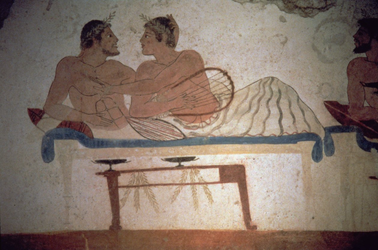 Banquete Assistido pelo Falecido, detalhe de uma pintura no Túmulo do Mergulhador, c.480 aC (pintura mural) (para detalhes ver: 112063) de Unbekannter Künstler