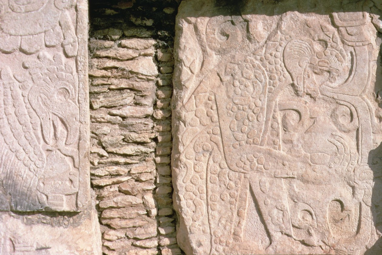 Bas relief retratando onças-pintadas que arrancam corações humanos de vítimas de sacrifícios (pedra) de William M. Timlin
