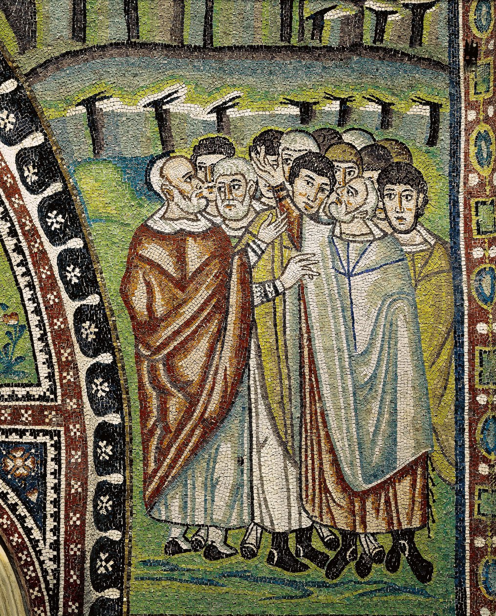 Basílica de San Vitale, Detalhe de mosaicos lunares acima da entrada do ambulatório representando os líderes Aaron de doze tribos de Israel, Ravenna, Emilia-Romagna, Itália de William M. Timlin