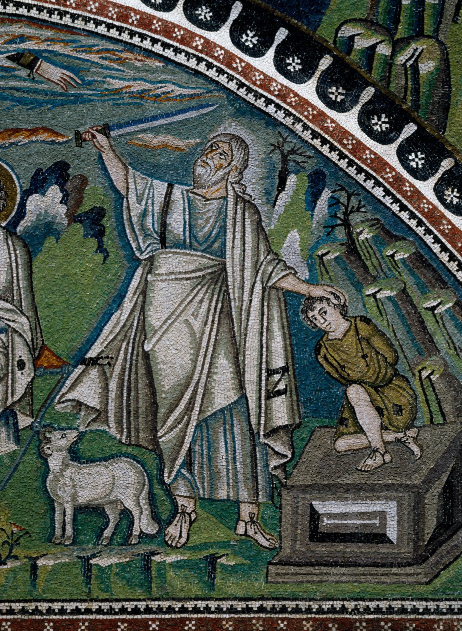 Basílica de San Vitale, Histórias de Abraão, detalhe de mosaicos lunares acima da entrada do ambulatório representando o sacrifício de Isaac, Ravenna, Emilia-Romagna, Itália de Benjamin Baud