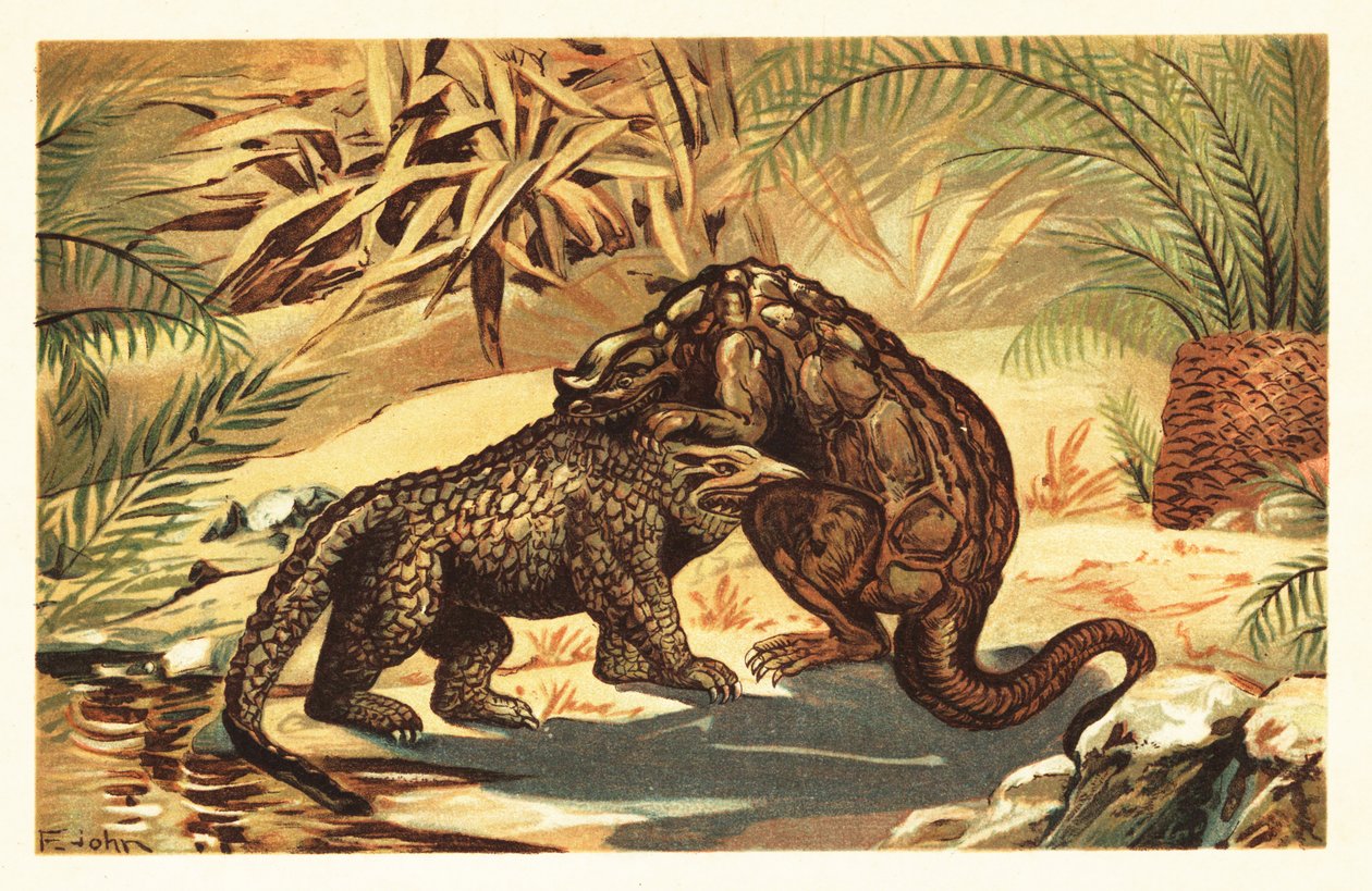 Batalha entre um Megalosaurus bucklandii e Iguanodon bernissar1908 (litografia) de Unbekannter Künstler
