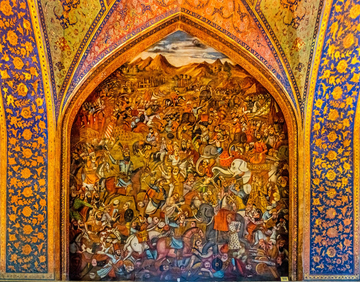 Batalha de Chaldiran contra o Otomano Selim I 1514, frescos com cenas de cortejo e de batalha, Palácio Chehel Sotoun, Isfahan, Isfahan, Irão, Ásia (foto) de Unbekannter Künstler