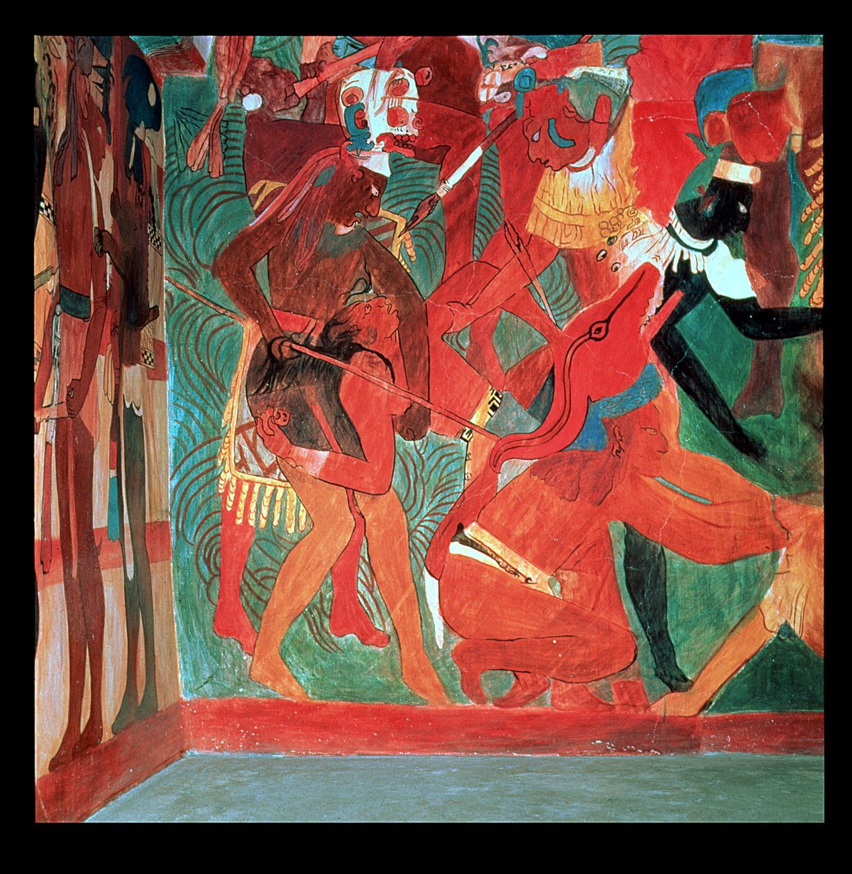 Cena de batalha retratada na sala 2 do Templo Pintado em Bonampak, Maia, Período Clássico Tardio, c.800 (pintura mural) de Unbekannter Künstler