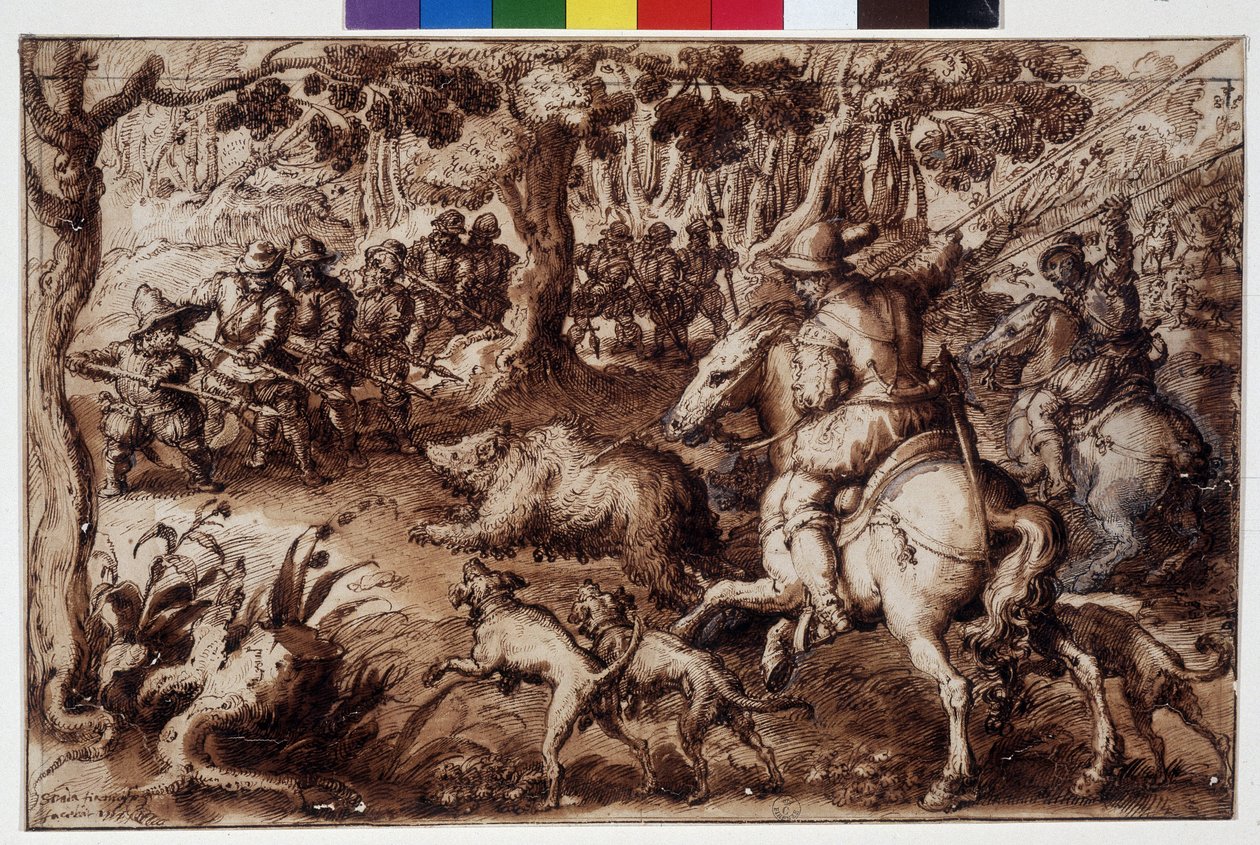 Caça ao urso. Desenho de Giovanni Stradano (Jan Van Der Straet) (Johannes Stradanus) (1523-1605). Florença, Gabinetto dei Disegni e delle Stampe degli Uffizi (Uffizi). GDSU 2343 F de Unbekannter Künstler