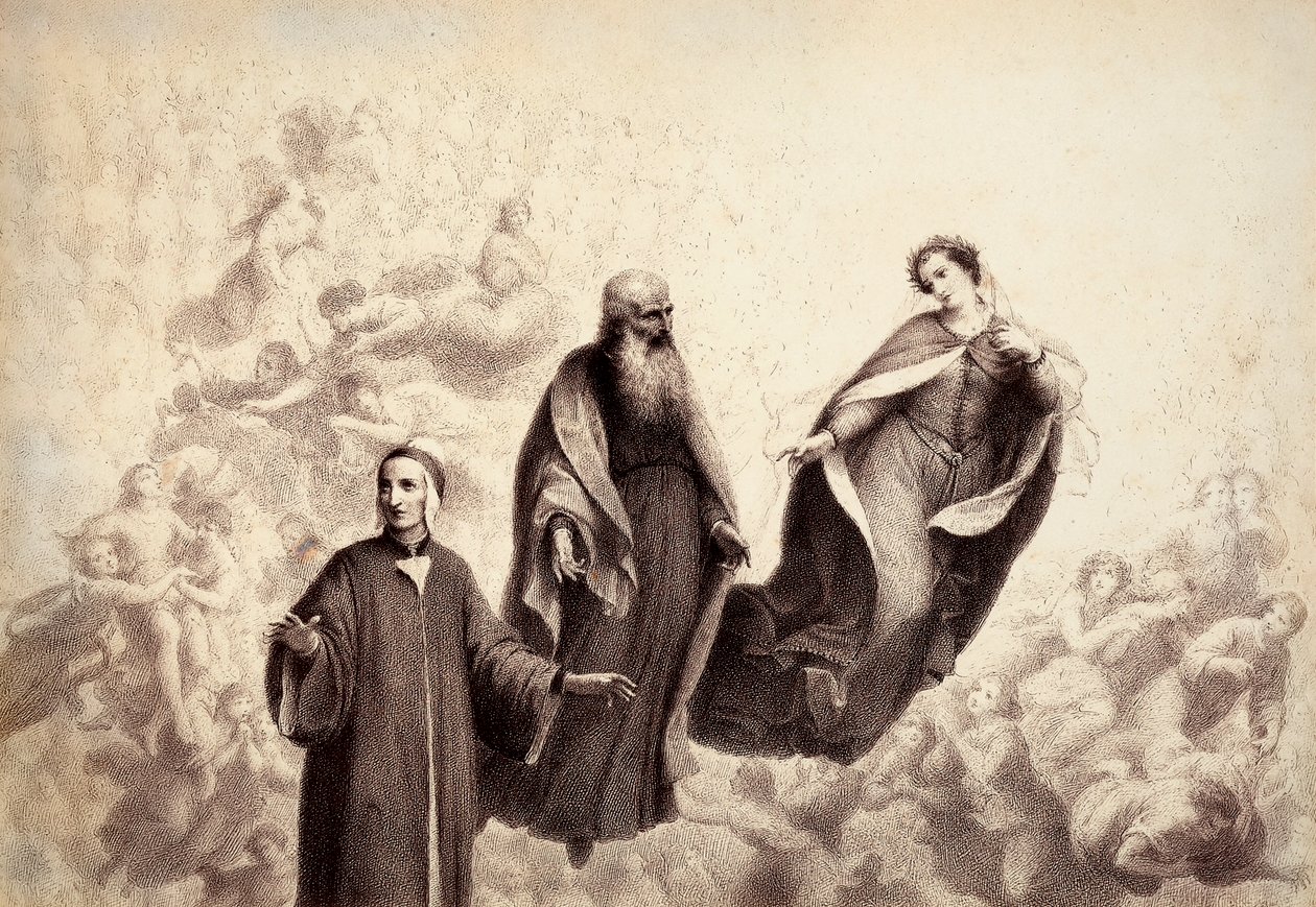 Beatriz afasta-se de Dante e, ao seu lado, aparece S. Bernardo. Ilustração do Canto XXXI do Paradiso de A Divina Comédia de Dante Alighieri. Obra de Francesco Scaramuzza dedicada ao Município de Florença. de Unbekannter Künstler