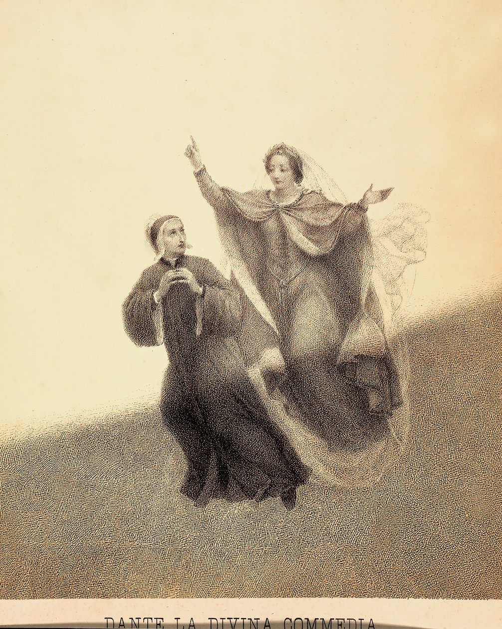 Beatriz, apontando para cima com o dedo indicador, conduz Dante através do firmamento do Paraíso. Os seus corpos são iluminados por um raio de luz. Ilustração do Canto I do Paradiso de A Divina Comédia de Dante Alighieri. Obra de Franceso Scaramuzza dedica de Unbekannter Künstler