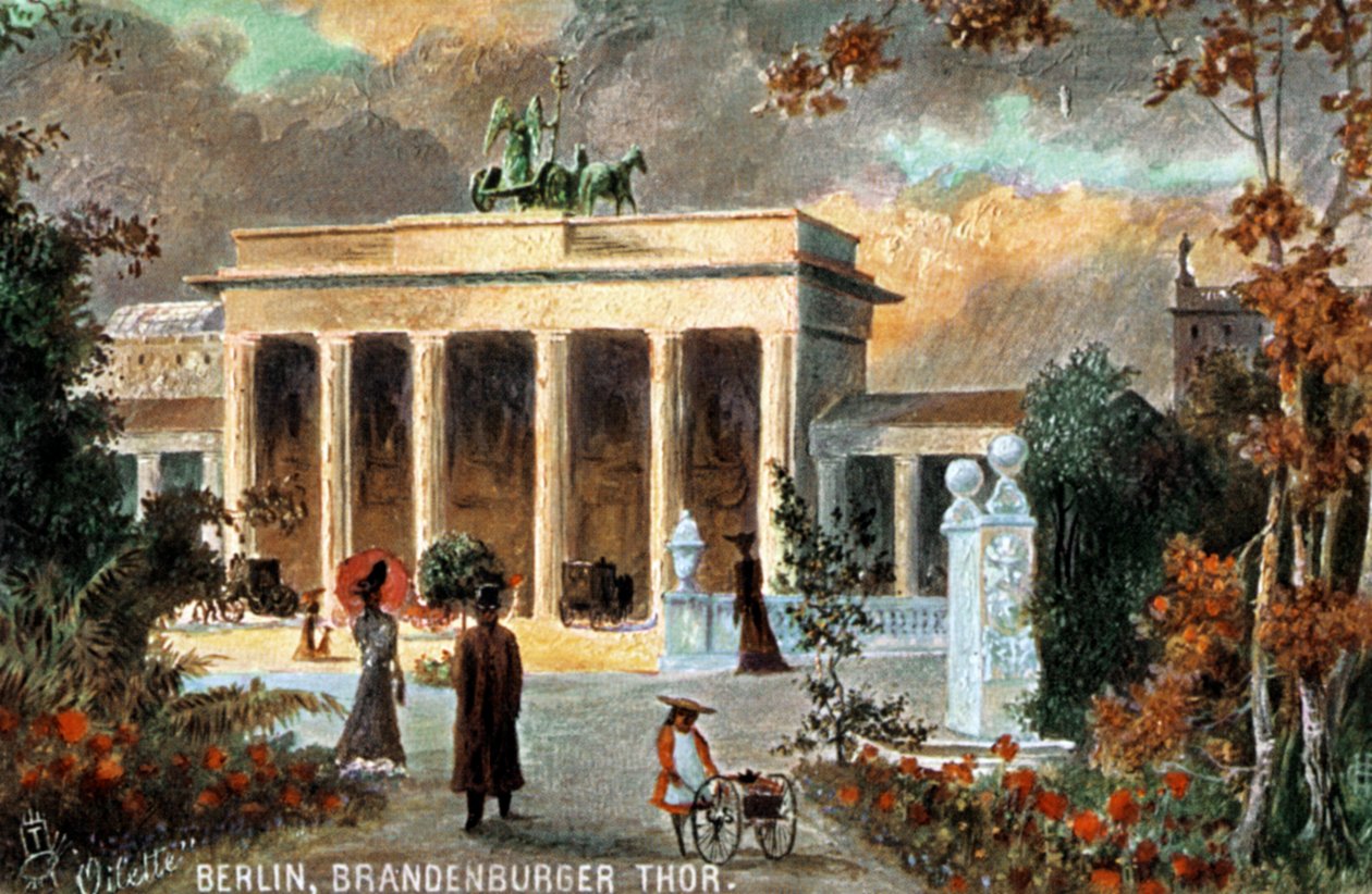 Berlim - Brandenburger Thor. Vista da Porta de Brandemburgo, com flores e transeuntes, finais do século XIX/20 (gravura) de Unbekannter Künstler