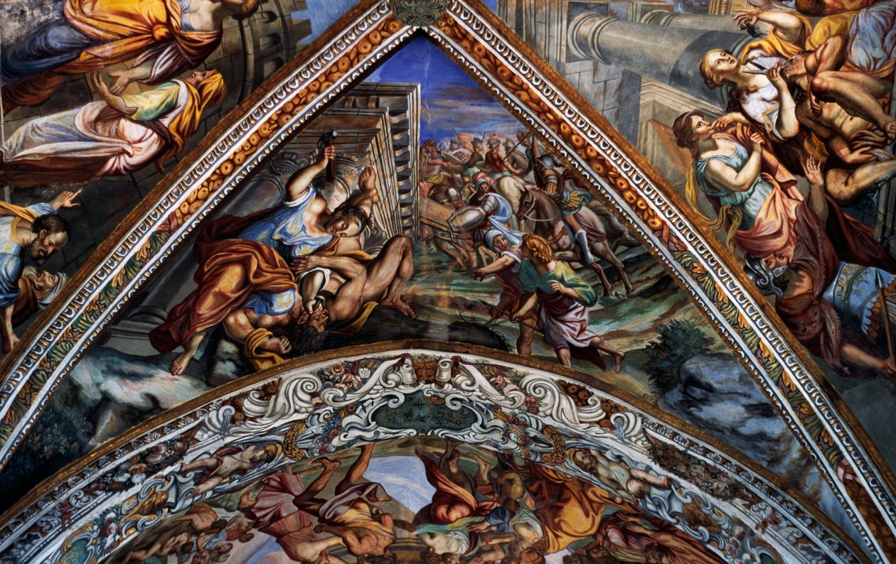 Cenas bíblicas, afrescos (século XVIII) da abóbada da Catedral de São Bartolomeu, Lipari, Ilhas Eolianas (Património Mundial da UNESCO, 2000), Sicília, Itália de Benjamin Baud