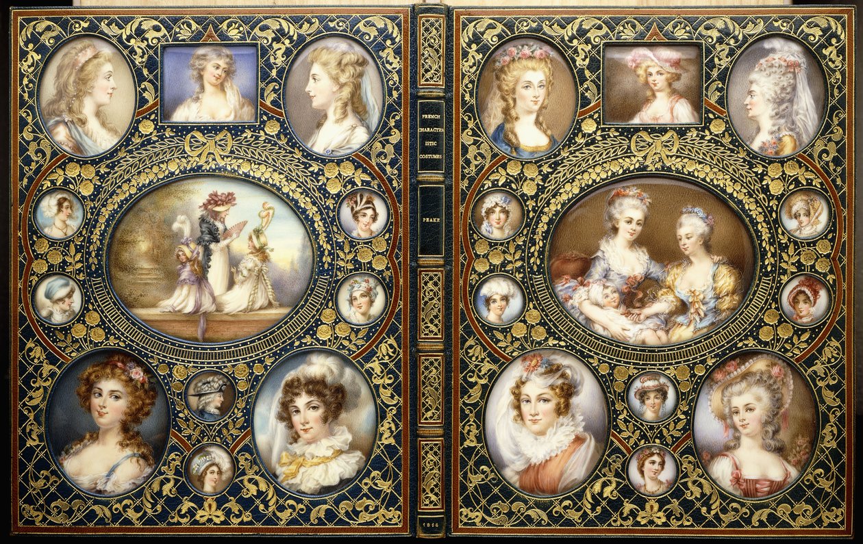 Encadernação com 24 miniaturas de retratos, do livro "French Characteristic Costumes" de Richard Brinsley Peake, 1816 de Unbekannt