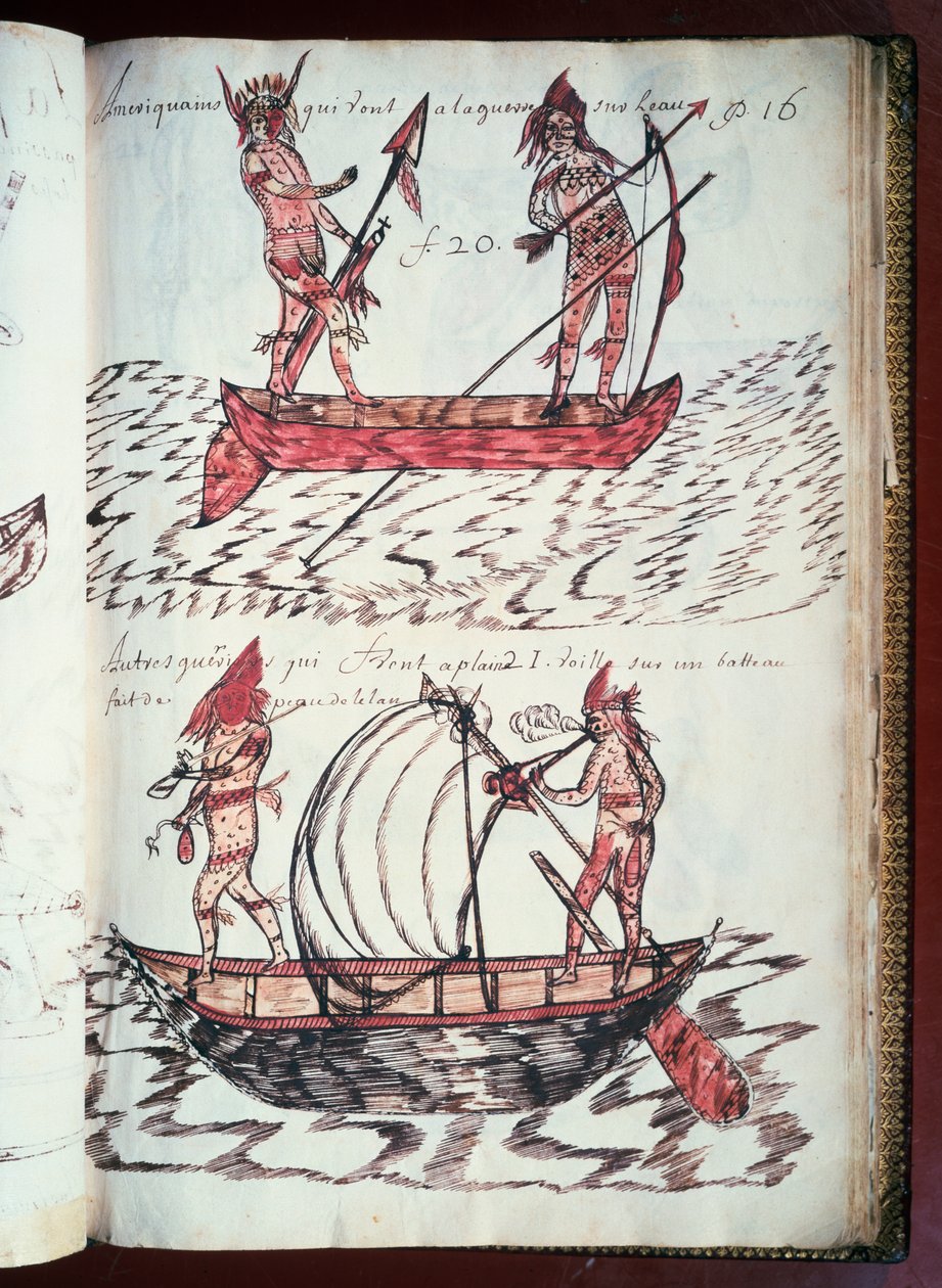 Barcos de índios, página do Codex Canadensis (1664-1675), manuscrito em pergaminho de Louis Nicolas, França de William M. Timlin