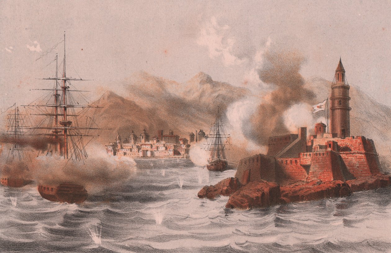 Atentado a bomba em Palermo, com navios em primeiro plano, na Sicília de William M. Timlin