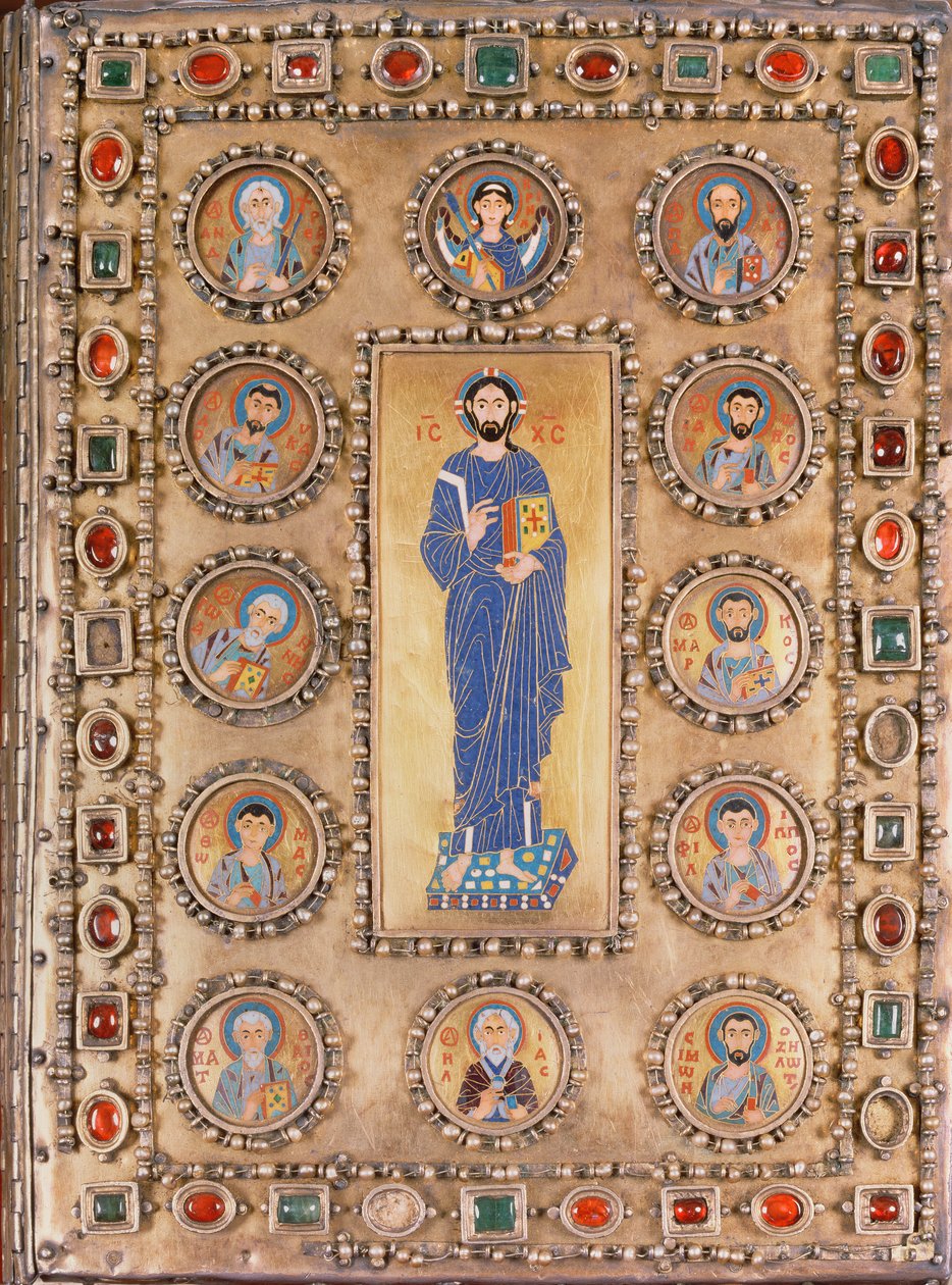 Capa de livro retratando a Bênção de Cristo, com rodelas retratando santos de Unbekannt