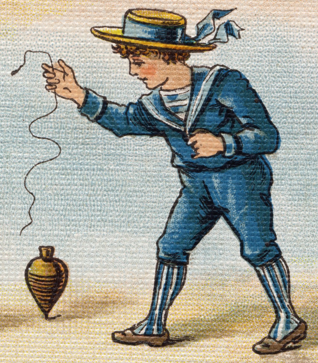 O rapaz a jogar no topo. Gravura em "Alfabeto de ma petite fille". Bernardin-Bechet e Fils, livreiro-editores, Paris, por volta de 1895. Álbum inquebrável em lona. Bibliotheque des Bebes. 12 páginas. Álbum contendo um método de leitura e um abec ilustrativ de Unbekannt