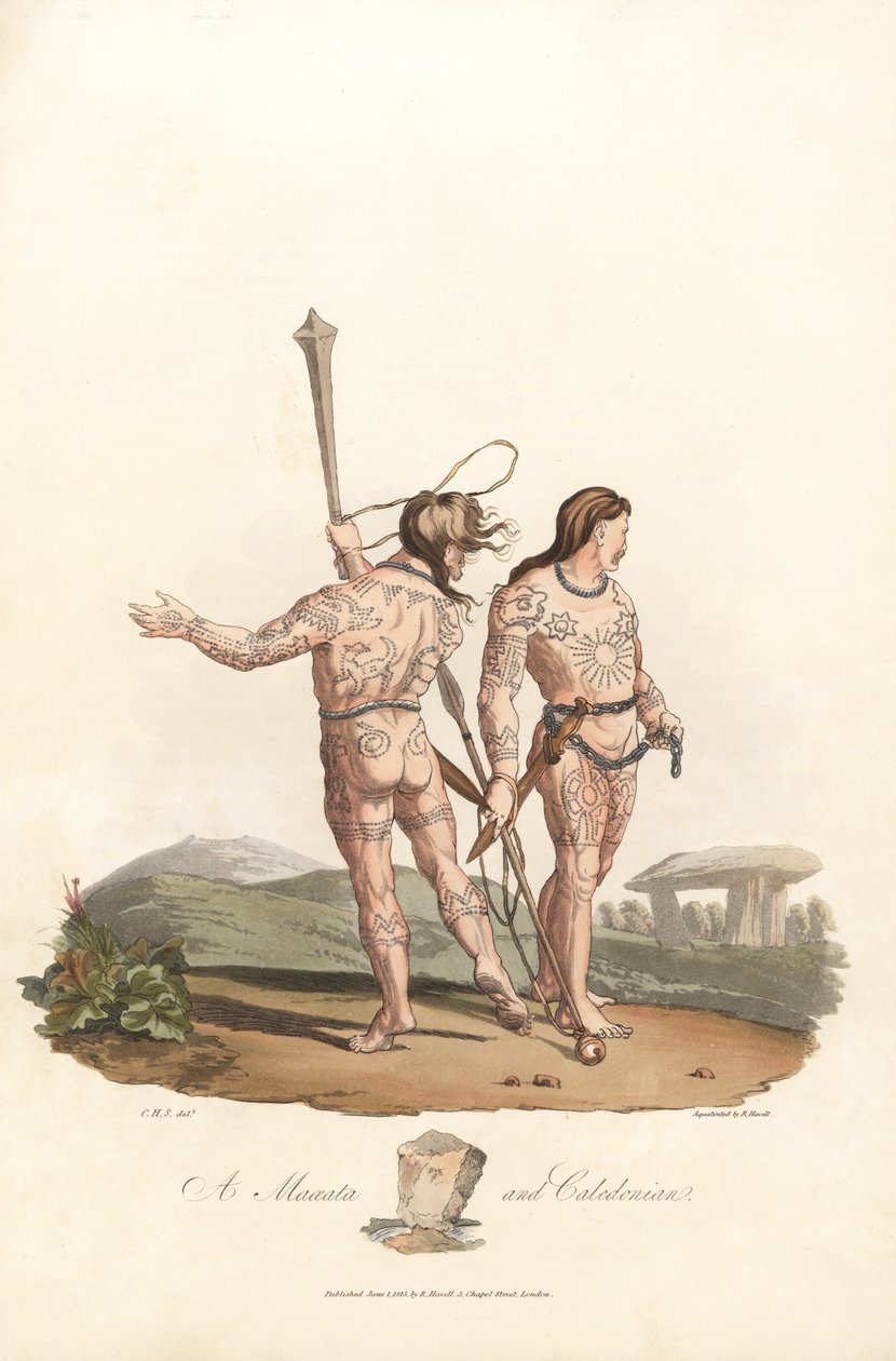 Antiguidade britânica (período pré-romano, antes do século I): Catini e habitantes caledónios (Escócia) das planícies e florestas do norte da Grã-Bretanha, com tatuagens cobertas - Água forte por Robert Havell (1793-1878) a partir de uma ilustração de Char de Unbekannter Künstler