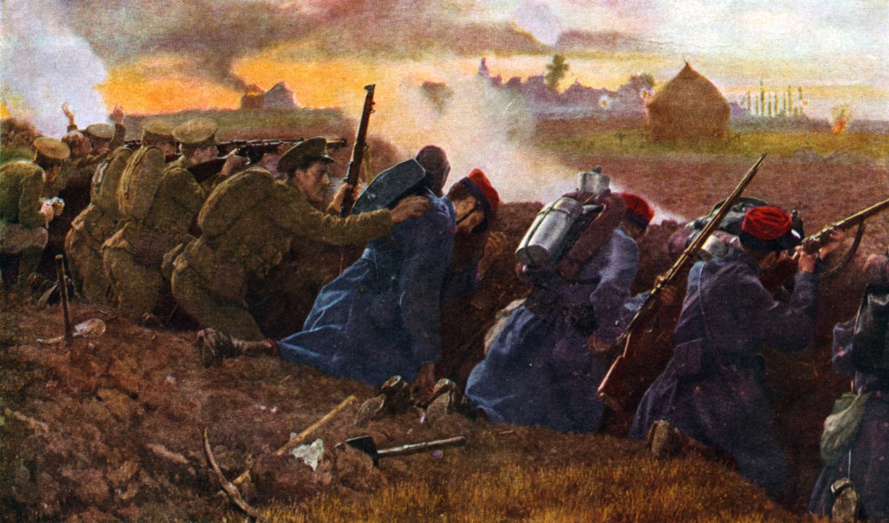 As tropas britânicas lutam com as francesas para impedir a primeira investida alemã, outono de 1914 de Unbekannter Künstler