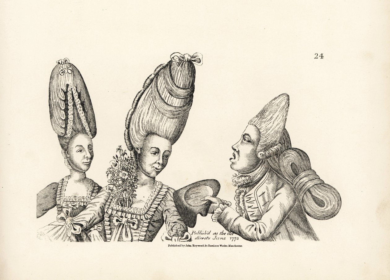 Caricatura das modas do final do século XVIII: mulheres de peruca alta com um jardim de flores ao peito e um macarrão de peruca alta com uma extravagante massa de cabelo atada atrás. Gravura em talhe-doce a partir de uma ilustração satírica de Timothy Bobb de Unbekannter Künstler