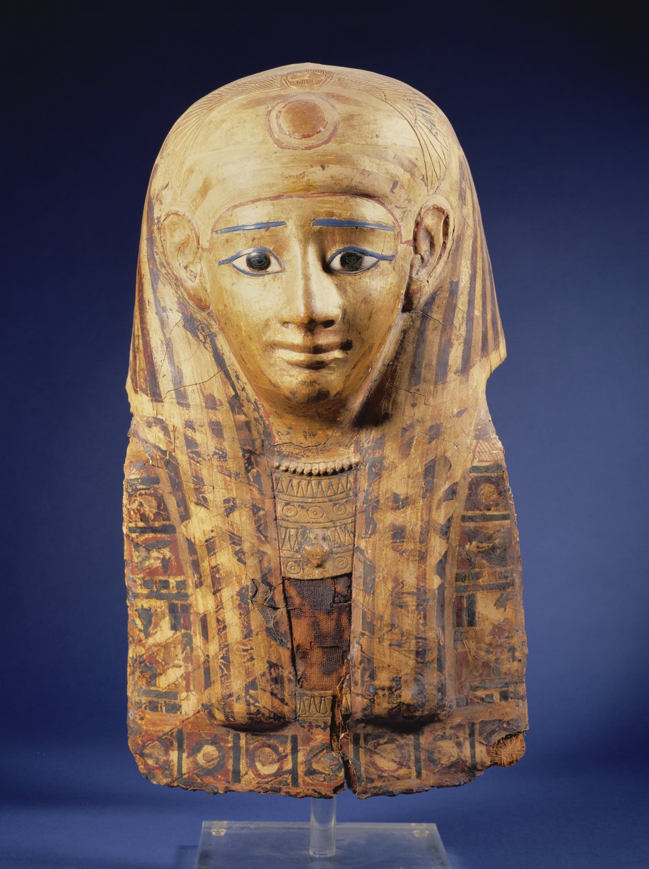 Múmia de cartonagem com peruca de lapela, os olhos incrustados com obsidiana e alabastro, egípcia, Período tardio (644-332 AC) de Unbekannt
