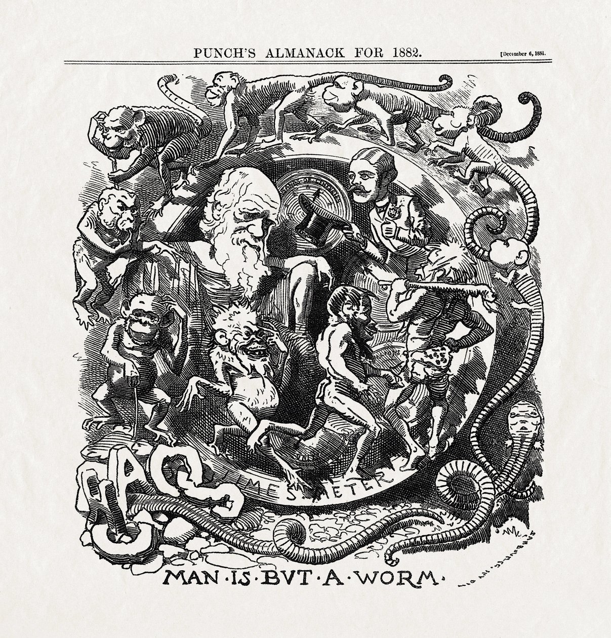 Cartoon sobre a Teoria da Evolução de Charles Darwin (1809-1882): "Man is but a worm" (O homem não passa de um verme) de "Punch" 06/12/1881 de Unbekannter Künstler