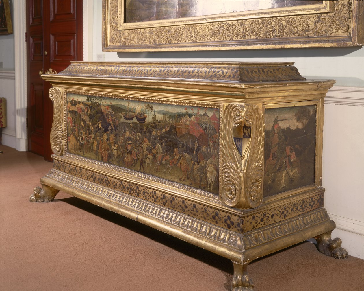 Cassone, com painéis pintados retratando a Batalha de Pharsalia da História de Pompeu e César, Escola Florentina de Unbekannt