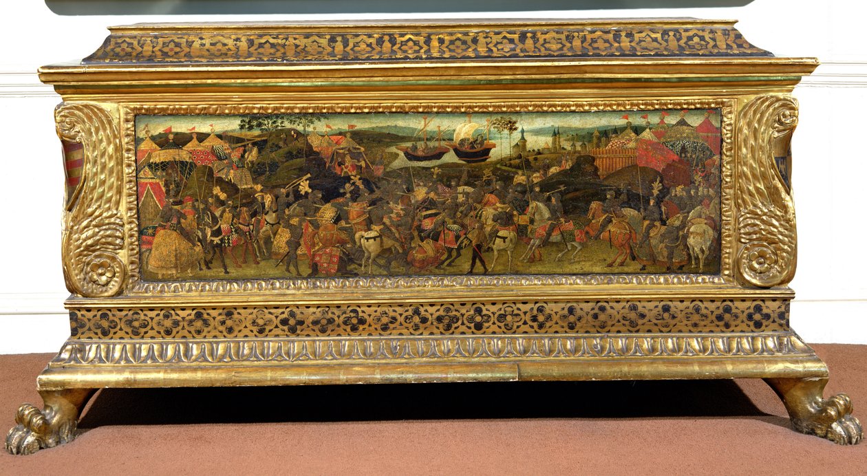 Cassone, com painel lateral pintado retratando a Batalha de Pharsalia da "História de Pompeu e César", Escola Florentine de Unbekannt