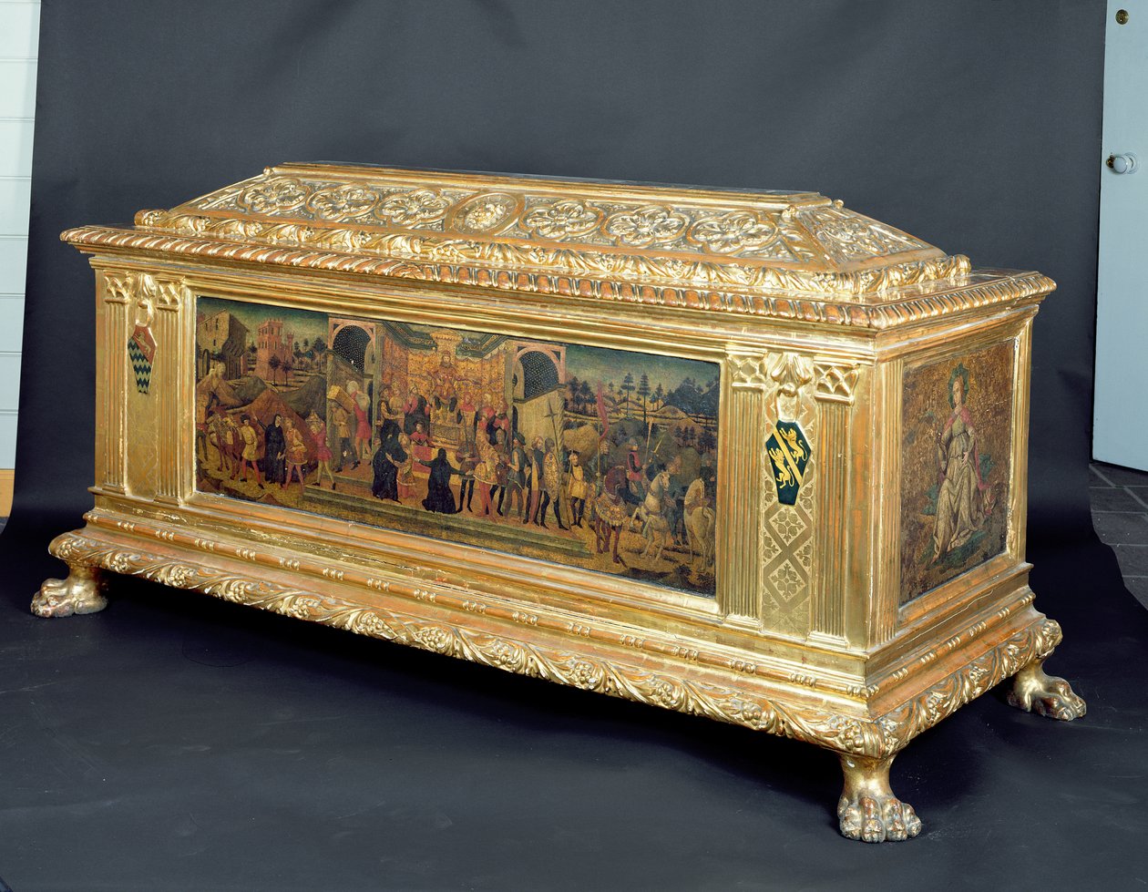 Cassone com painéis representando A Continência de Cipião e alegorias de Fortitude e Prudência, atribuídos à oficina de Apollonio di Giovanni, c.1460-65 (têmpera no painel) de Unbekannt